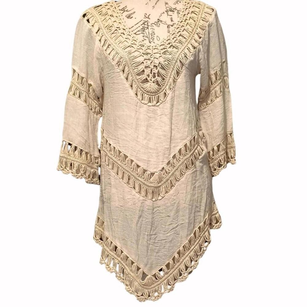 Boho Crochet‎ Womens Tunic Top Swim Suit Cover Medium Asymmetrical 70s Coastal